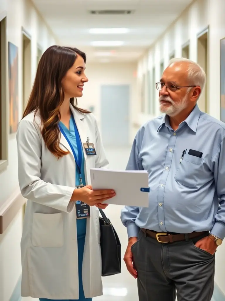 A supportive patient navigator guiding a patient through the hospital, providing information and emotional support during their cancer treatment journey. The scene emphasizes patient-centered care.