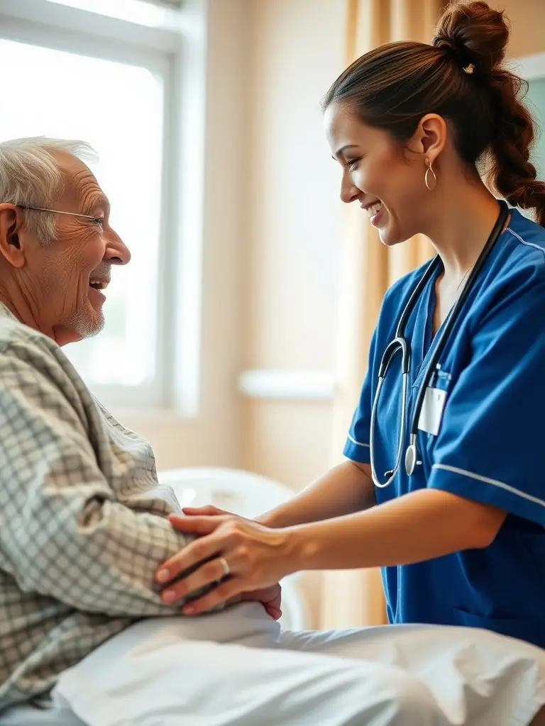 A patient receiving supportive care from a nurse, showcasing OncoRace's dedication to holistic well-being during treatment.