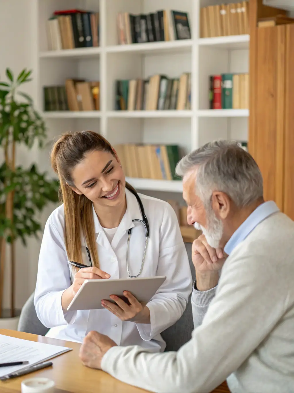 A doctor explaining advanced treatment options to a patient and their family, emphasizing OncoRace's access to cutting-edge therapies.