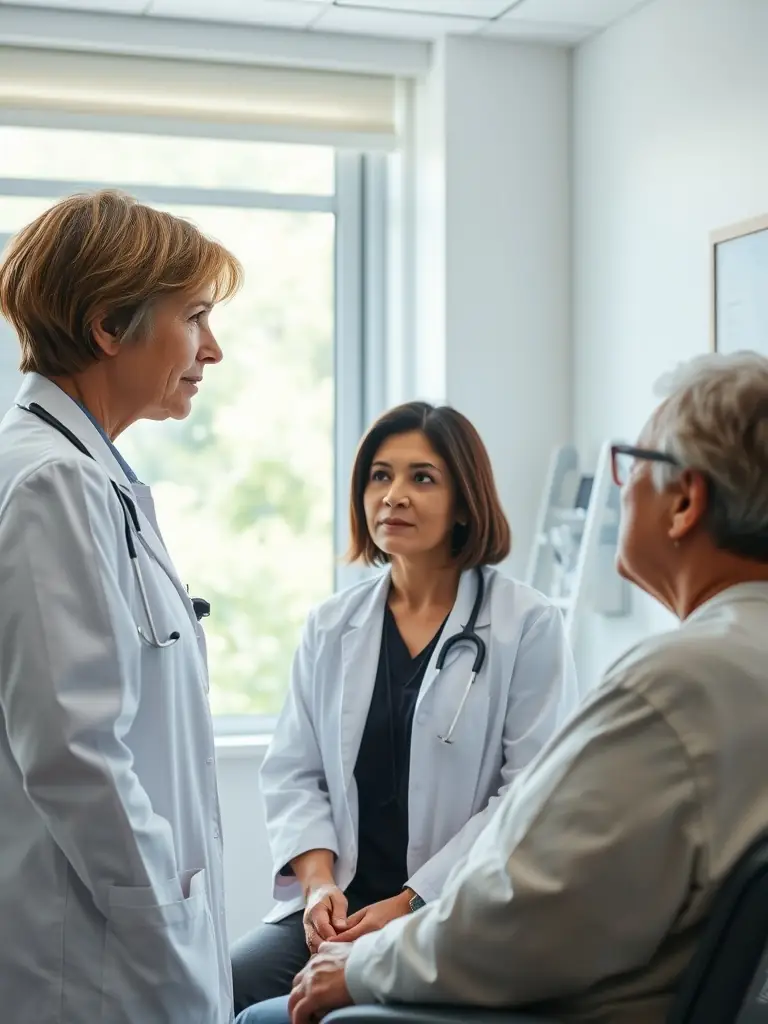 A compassionate oncologist consulting with a patient, reviewing scans and discussing personalized treatment options in a modern clinic setting. The scene emphasizes empathy and expertise.