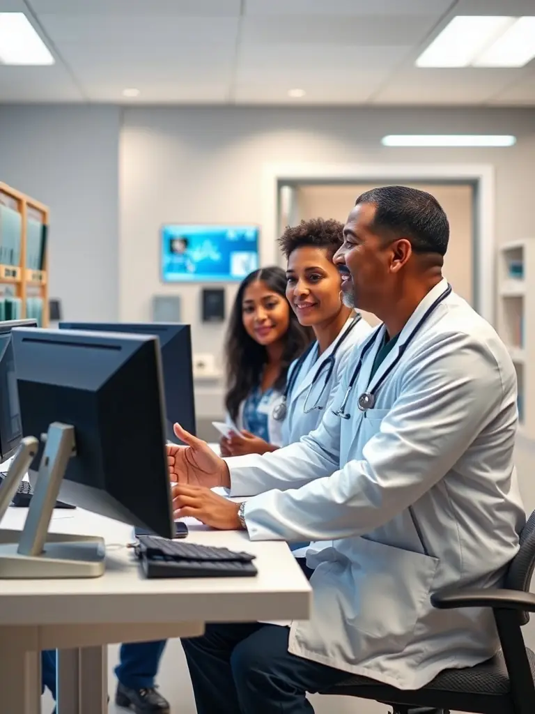 A diverse team of medical professionals collaborating in a hospital setting, analyzing data and discussing innovative treatment strategies for cancer patients. The image conveys teamwork and innovation.