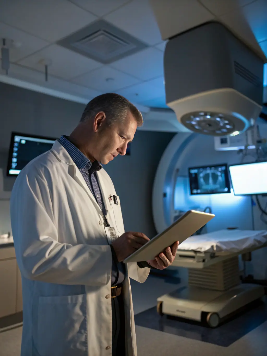A compassionate oncologist reviewing a patient's medical scans, highlighting OncoRace's commitment to personalized treatment plans.