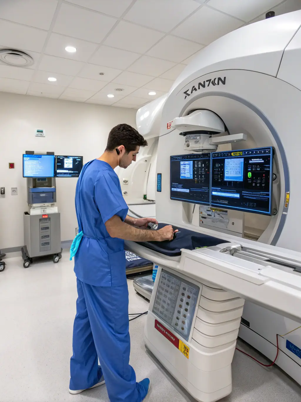 A state-of-the-art radiosurgery center with advanced medical equipment, showcasing the precision and technology used in cancer treatment. The image highlights technological advancement.