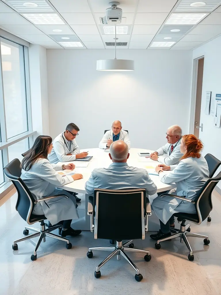 A diverse team of medical professionals collaborating on a patient's case, emphasizing OncoRace's multidisciplinary approach.