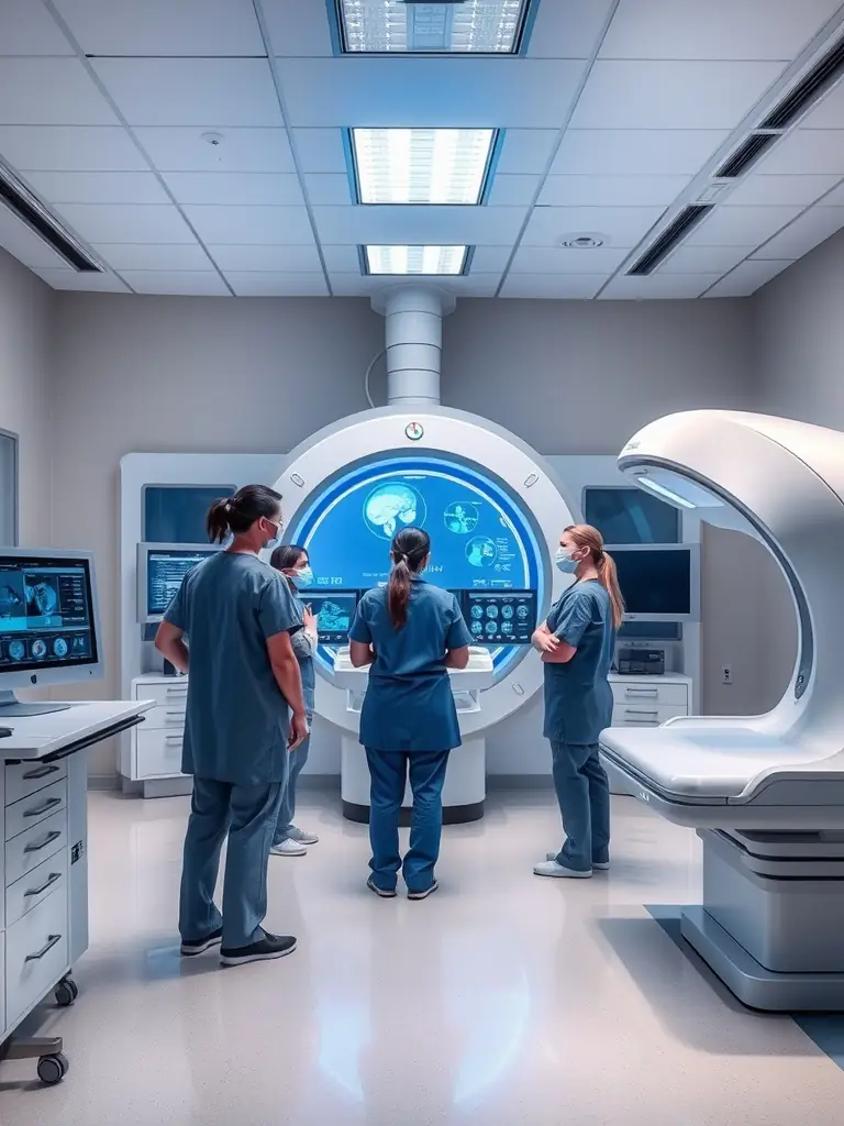 A modern radiation oncology facility with advanced equipment and a team of specialists collaborating on program planning, representing OncoRace's Radiation Program Development advisory services.