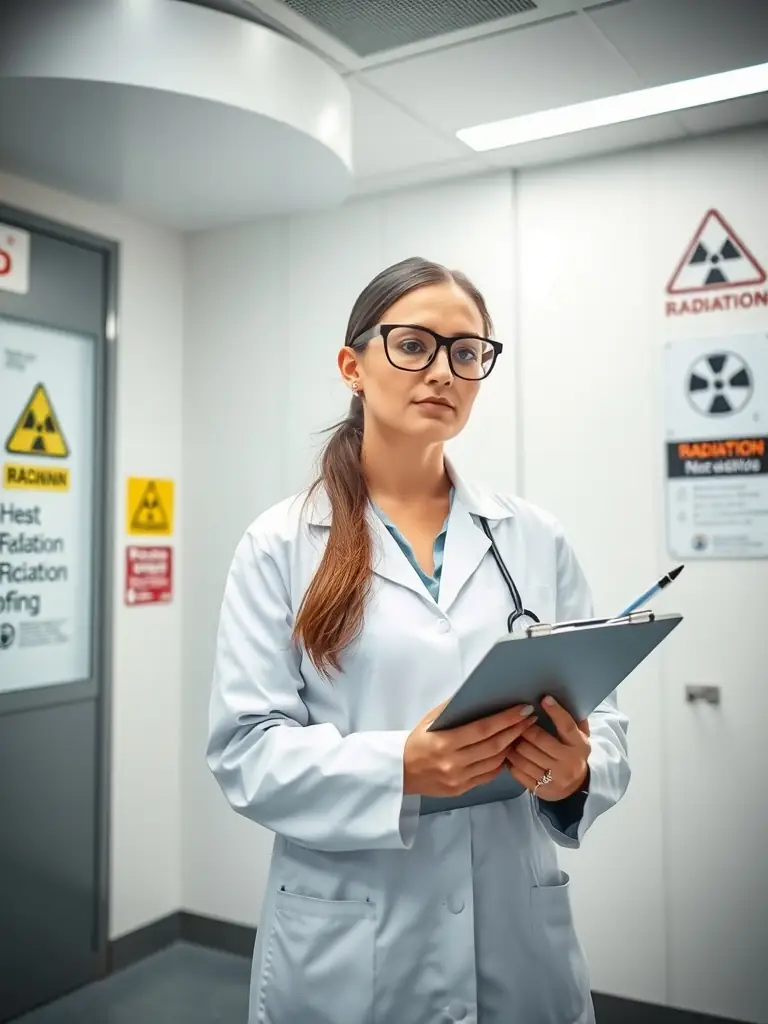 Radiation safety officer conducting a safety audit in a radiation oncology department, highlighting OncoRace's Risk & Quality Assurance Advisory services.