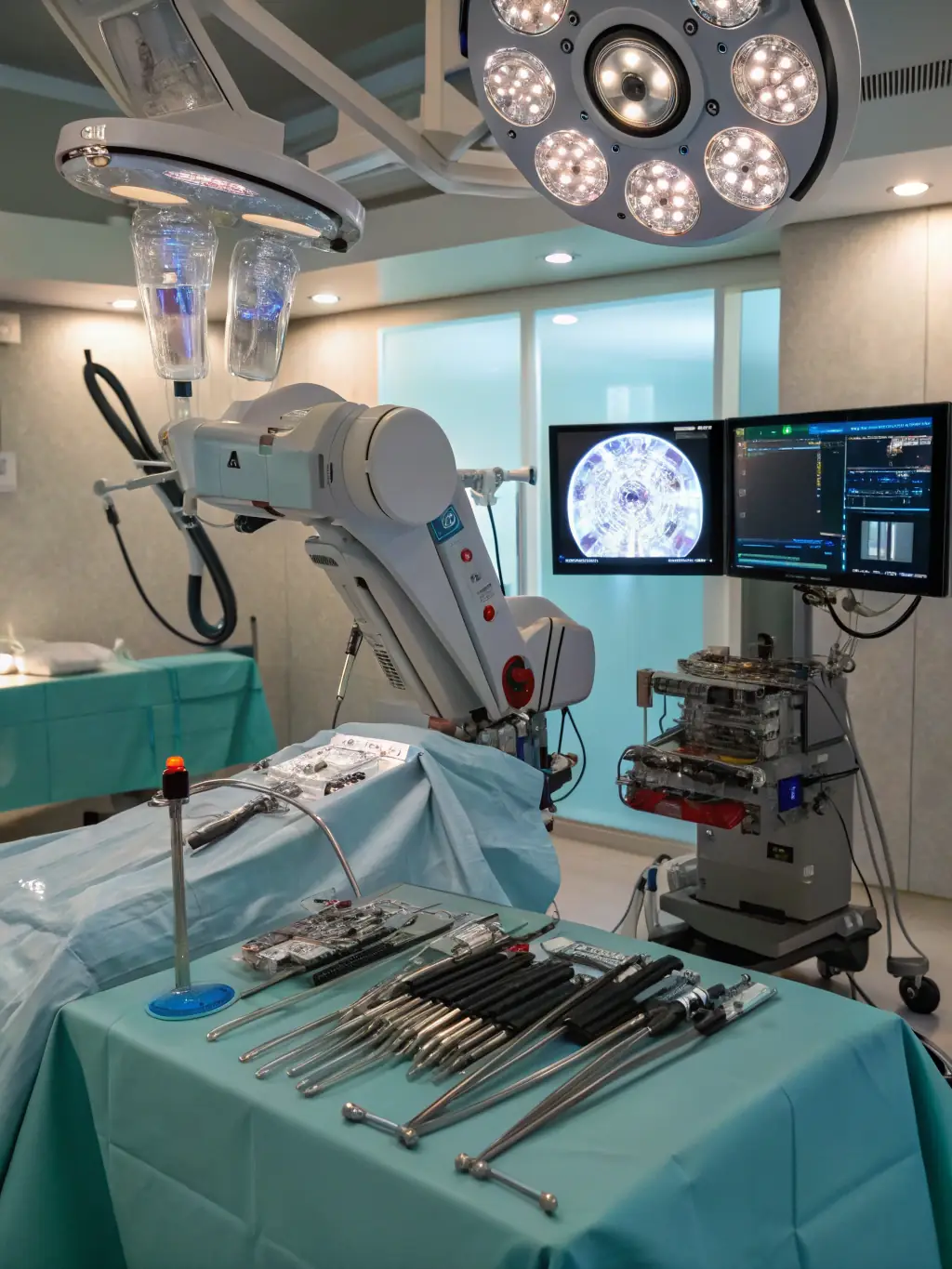 A wide shot of a CyberKnife system being installed in a radiation oncology center, showcasing the robotic arm and treatment couch. The image should emphasize the system's advanced capabilities and integration into the clinical environment.