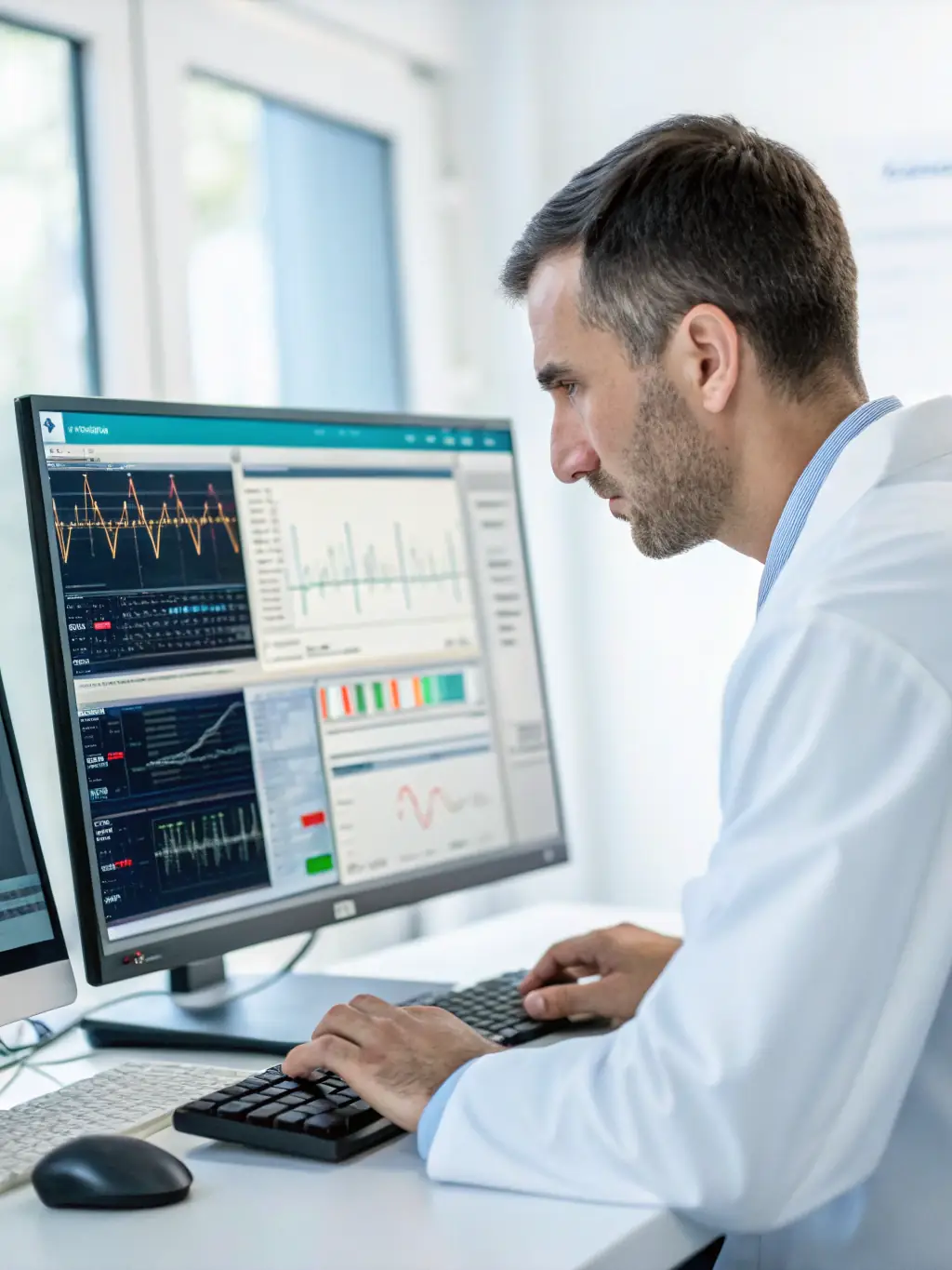 A focused image of the TrueBeam linear accelerator console, with a medical physicist adjusting parameters. The image should highlight the system's advanced features and the expertise required for its operation.