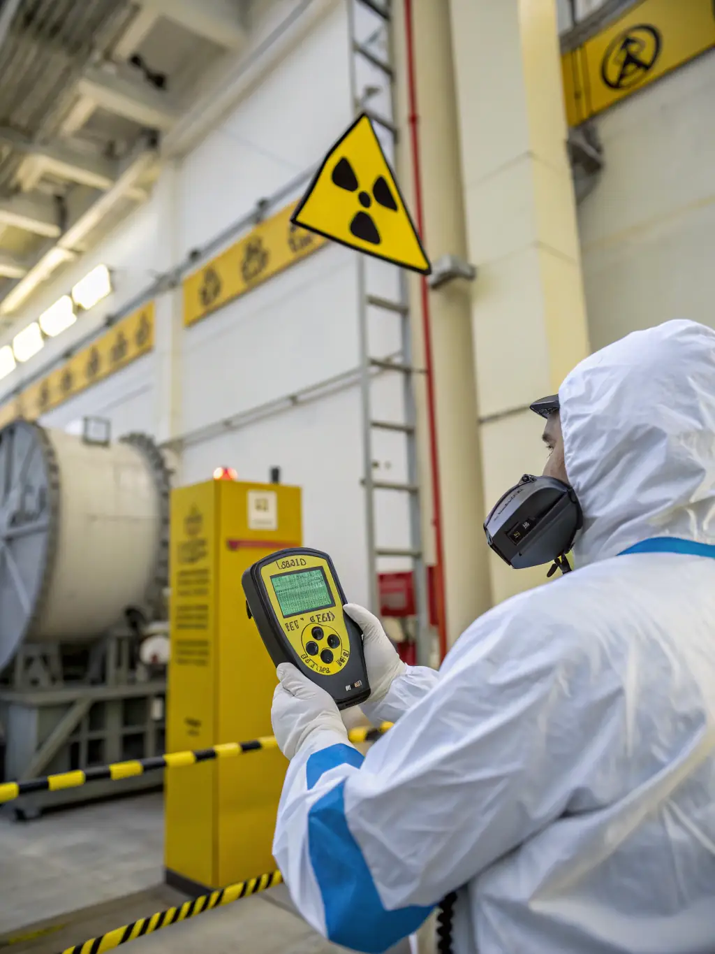 A radiation safety officer conducting a thorough safety audit in a radiation oncology department, using specialized equipment to measure radiation levels. The image represents the importance of risk and quality assurance.