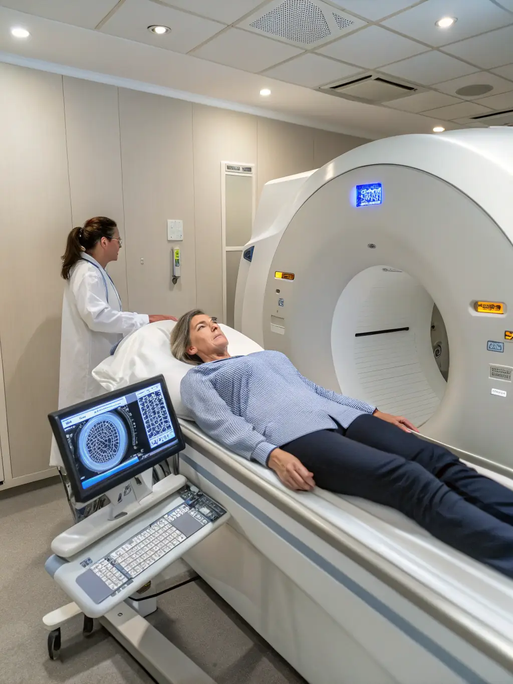 An image of a PET/CT scanner in a clinical setting, with a focus on the imaging technology and its role in treatment planning. The image should convey the importance of accurate imaging in radiation oncology.