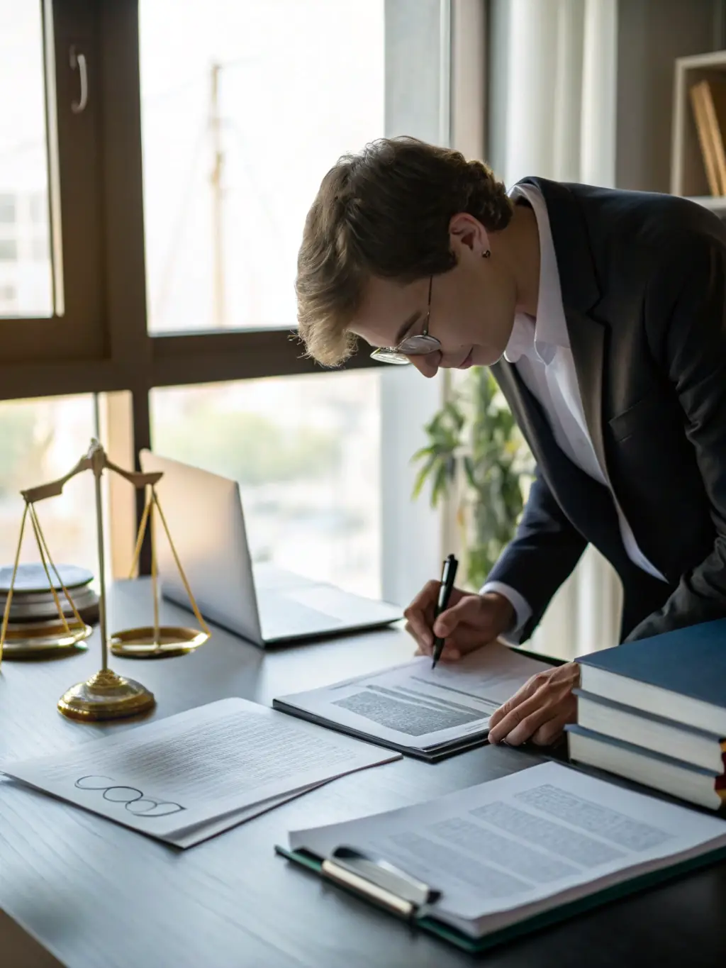 A focused regulatory compliance officer meticulously reviewing licensing documents in an office setting, with a radiation safety sign subtly visible in the background. The image conveys the importance of regulatory strategy and licensing.