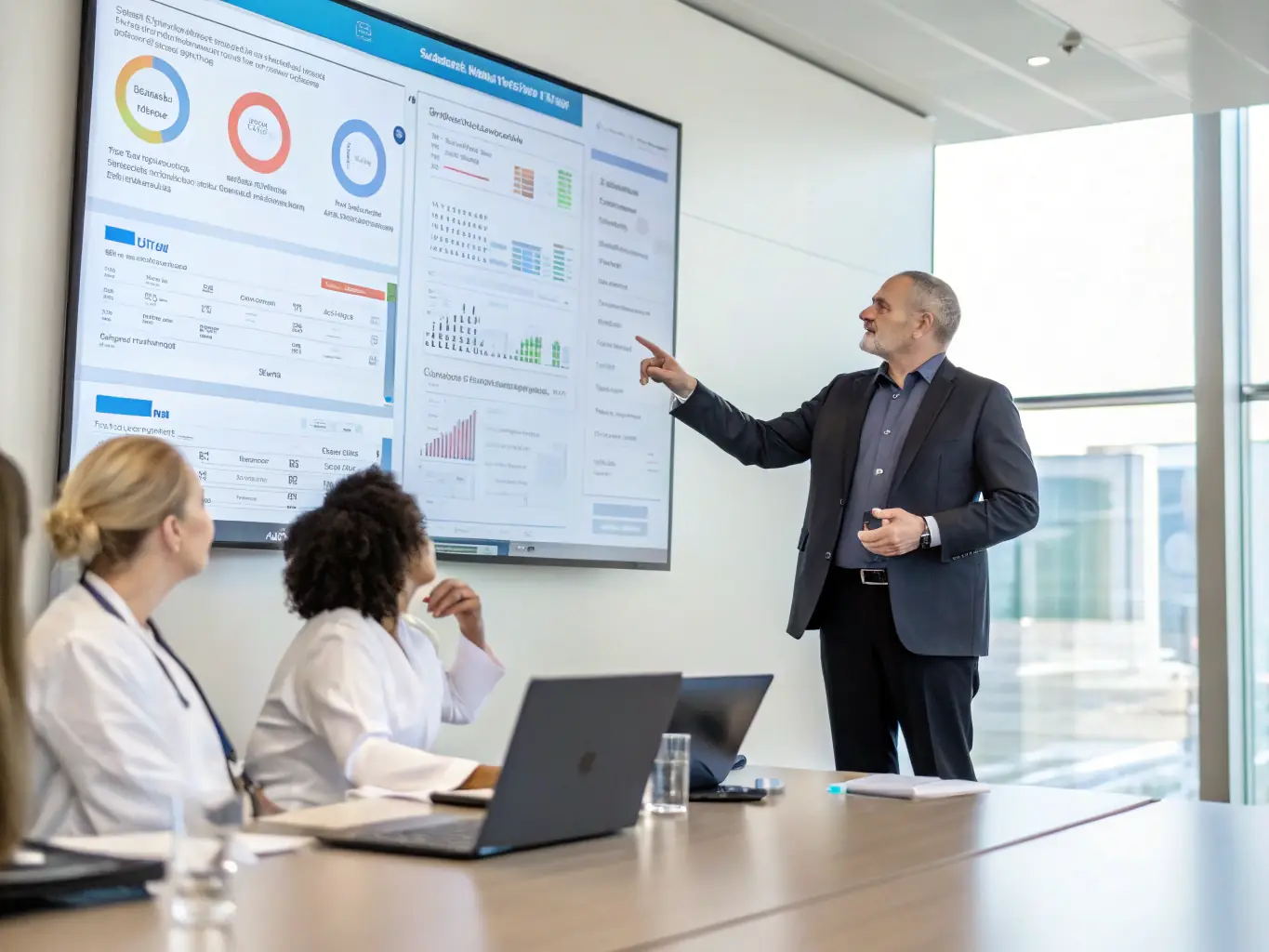 An OncoRace advisor providing vendor-neutral recommendations to a hospital executive team, emphasizing unbiased and strategic decision-making.